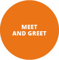 Orangener Button Meet and greet