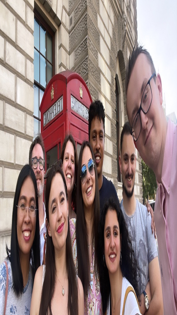 Gruppe von Leuten vor einer britischen Telefonzelle