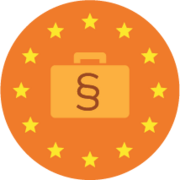Orangener Button Koffer und Paragraph